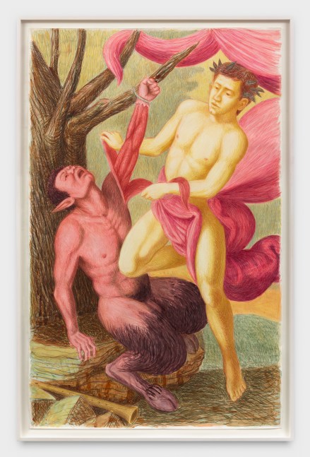 Elijah Burgher
Apollo Flaying Marsyas (after Antionio de Bellis), 2021
colored pencil and watercolor on paper
70 1/2 x 44 1/2 ins.
179 x 113 cm