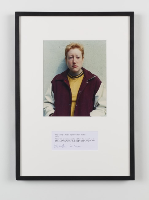 Martha Wilson
Posturing: Male Impersonator (Butch), 1973
color photograph and text
19 3/4 x 14 ins.
50.17 x 35.56 cm