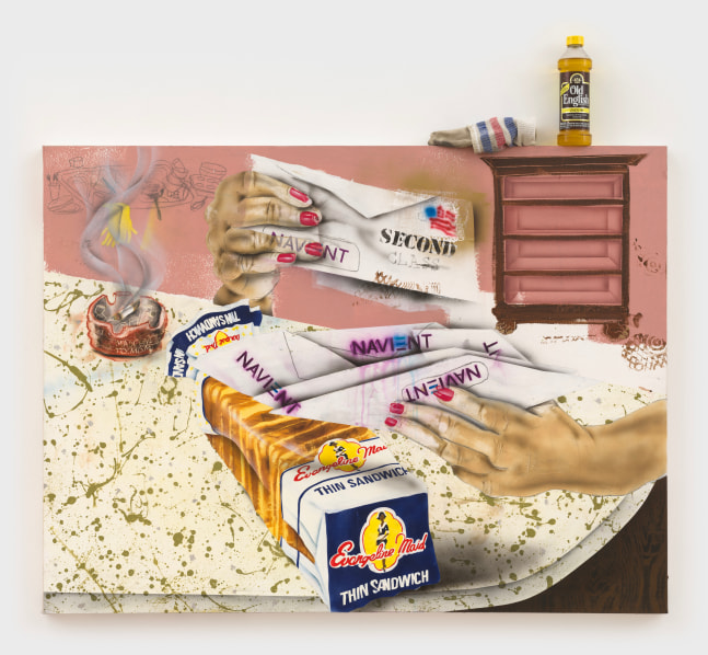 Pat Phillips
Untitled (Evangeline Maid), 2024
acrylic, pencil, oil pastel, silver leaf, airbrush on canvas with sock and vintage bottle of Old English Lemon Oil
36 x 48 ins.
91.4 x 121.9 cm