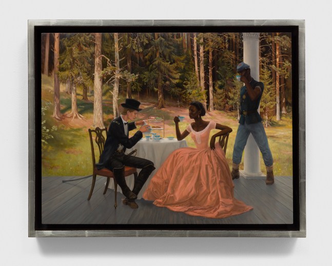 Hilary Harkness
Request to Quarter: General Francis Channing Barlow visits the home of Arabella Freeman (feat. her brother Charles), 2019
oil on panel
12 x 15 3/4 ins.
30.5 x 40 cm