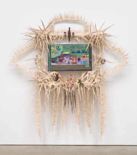 Guadalupe Maravilla
San Ysidro Retablo, 2023
oil on tin, cotton and glue mixture on wood
96 x 93 x 20 ins.
243.8 x 236.2 x 50.8 cm