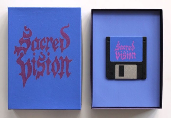 Suzanne Treister
SOFTWARE/Sacred Vision, 1993-4
oil paint on cardboard box and floppy disk
8.6 x 6.3 x 1.6 ins.
22.5 x 16 x 4 cm