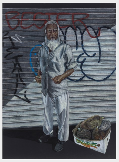 Shellyne Rodriguez
Uncle&amp;#39;s Jack Fruit Hustle, 2022
color pencil on paper
59 x 43 ins.
149.9 x 109.2 cm