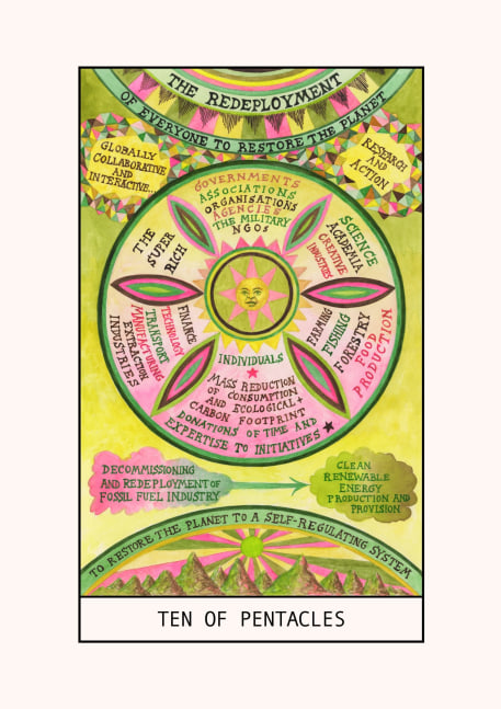 Suzanne Treister
HEXEN 5.0/Tarot/Ten of Pentacles &amp;ndash; Redeployment of Everyone to Restore the Planet, 2023-24
digital print
16 1/2 x 11 7/10 ins.
42 x 29.7 cm