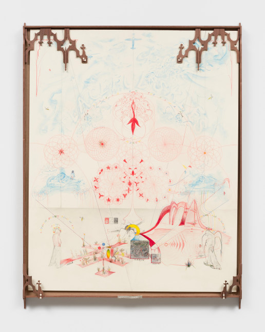 Harry Gould Harvey IV, Cybernetic Soul in Orbit, 2025, Charcoal, colored pencil, xerox transfer, on matte board, Black Walnut from the Delano Saw Mill, American Hollywood &amp;amp; .999 Pure Silver, 40 x 32 ins.