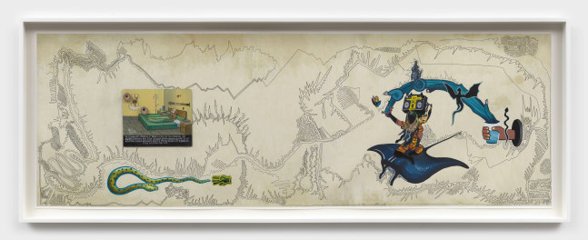 Guadalupe Maravilla
Manta Ray Drawing, 2022
ink and paint on inkjet print, oil on tin panel, plastic anatomical models, bismuth crystal
30 x 90 ins.
76.2 x 228.6 cm