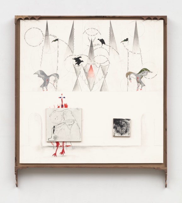 Harry Gould Harvey IV
Despair Despair After Hildegard, 2022
Black Walnut from the Delano Sawmill, MDF, Xerox, colored pencil, charcoal, gouache, pigments of goldenrod, Aronia Viking chokecherry, and rose petals
33 x 33 ins.
83.8 x 83.8 cm