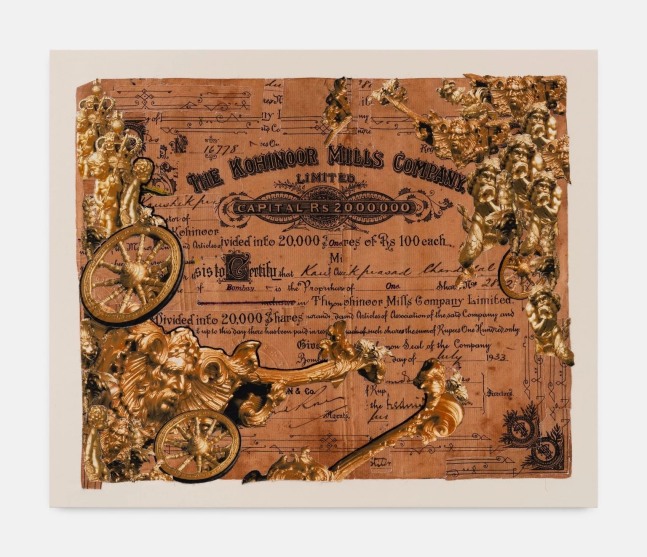 Hew Locke
Raw Materials 32, 2024
Custom printed 245gms organic cotton warp satin with appliqued fabrics and cord, PVA-based Fray-stop on raw edges
160 x 191.5 cm
63 x 75 1/2 in