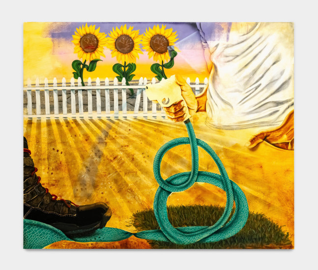 Pat Phillips
Watering While Black / Get The Fuck Off My Lawn, 2022
acrylic, graphite, airbrush, aerosol paint on canvas
64 x 74 inches
162.6 x 188 cm