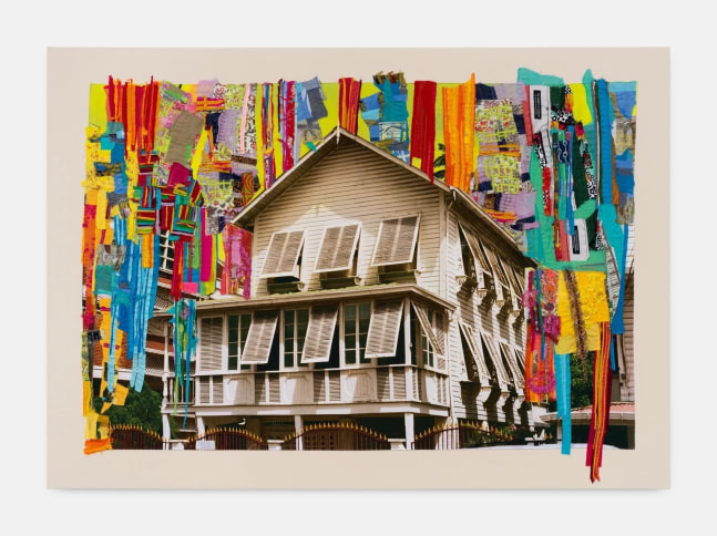 Hew Locke
Raw Materials 21, 2023
Custom printed 245gms organic cotton warp satin with appliqued fabrics and cord, PVA-based Fray-stop on raw edges, plus cotton thread, polyester thread, cotton lawn, nylon lace, plastic sequins and beads
146 x 219 cm
57 1/2 x 86 in