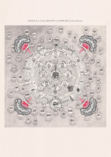 Suzanne Treister
HEXEN 2.0/Historical Diagrams/From ARPANET to DARWARS via the Internet, 2009-11
ink and watercolour on paper, digital print
dims variable