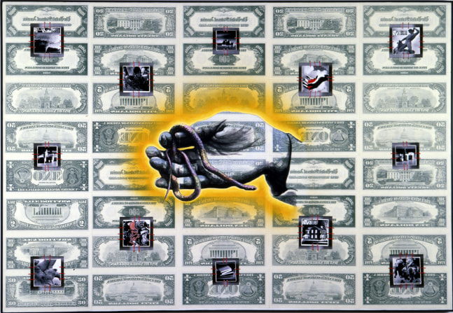 David Wojnarowicz

The Redesign of the Dollar Bill, 1988-89

twelve black-and-white photographs, collage string, ink and spray paint on masonite

46 x 67 ins.

116.8 x 170 cm