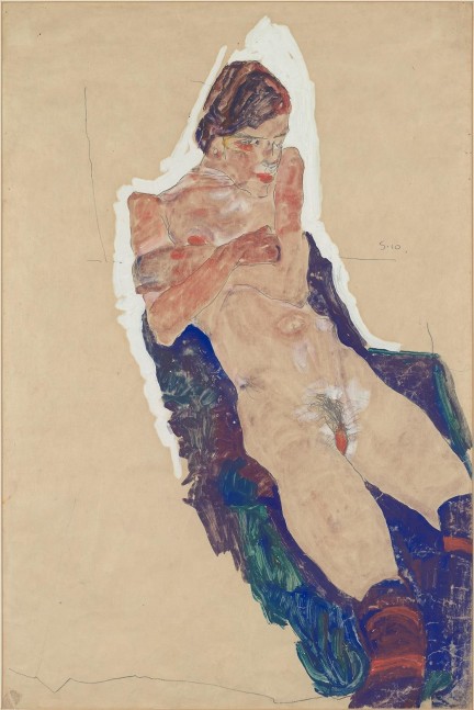 EGON SCHIELE
Liegender Akt (Reclining Nude),&amp;nbsp;1910
Watercolour and gouache over pencil on buff paper
21.7 x 14.5 inches / 55.1 x 36.8 cm