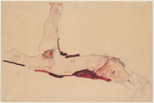 EGON SCHIELE
Liegender M&amp;auml;nnlicher Akt (Reclining Male Nude),&amp;nbsp;1911
Gouache, watercolor, and pencil on paper
14 x 21.3 inches / 35.6 x 54.1 cm
