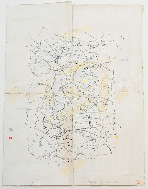 JAN FRANK
Crush,&amp;nbsp;2011
Dutch Linen Paper / sized / pen &amp;amp; ink, masking tape
26 x 17.8 inches / 66 x 45.2 cm