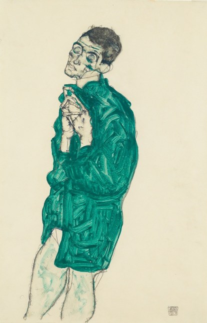 EGON SCHIELE
Self-Portrait in Green Shirt with Closed Eyes, 1914
Gouache and pencil on paper
19.13 x 12.5 inches / 48.6 x 31.8 cm