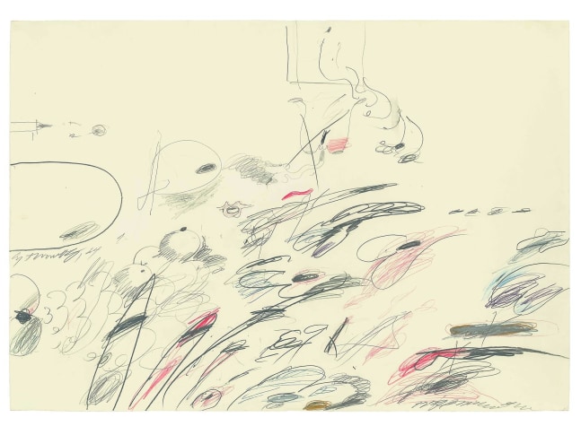 CY TWOMBLY
Untitled,&amp;nbsp;1964
Graphite, coloured pencil, wax crayon and ballpoint pen on paper
27.33 x 39.25 inches / 69.4 x 99.7 cm