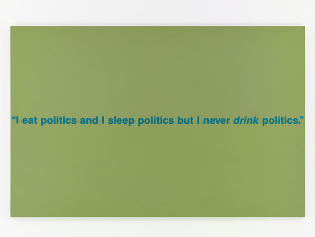 RICHARD PRINCE
Politics (I eat Politics, I sleep Politics, but I never drink Politics),&amp;nbsp;1988/89
Acrylic and silkscreen on canvas
74.8 x 116.14 inches / 189.9 x 294.6 cm