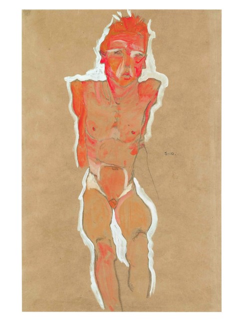 EGON SCHIELE
M&amp;auml;nnlicher Akt (Male Nude), 1910
Gouache and watercolor on paper
17.3 x 11.5 inches / 43.9 x 29.2 cm