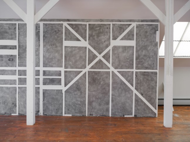Color photograph of an abstract graphite wall drawing by Gabriela Salazar at the Al Held Foundation, 2021. Exhibition curated by Olga Dekalo and River Valley Arts Collective.