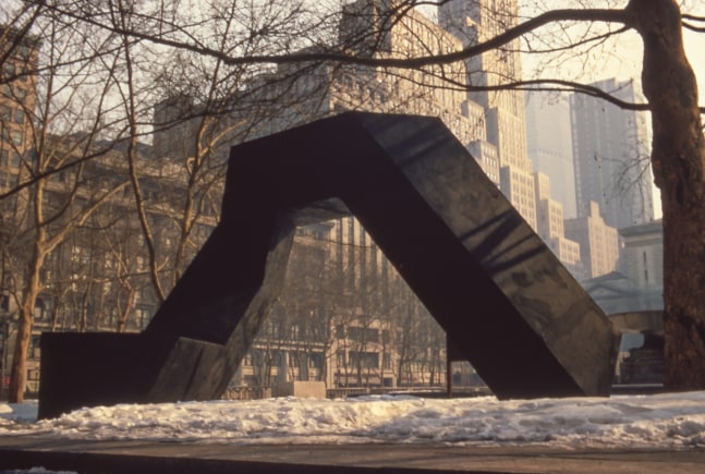 Plywood, painted black
15 &amp;times; 26 &amp;times; 18 ft. (457.2 &amp;times; 792.5 &amp;times; 548.6 cm)
Tony Smith: Bryant Park. New York, 1967