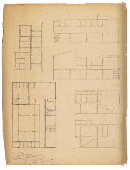 Section, plan, and elevations, graphite on tracing paper
23 5/8 &amp;times; 18 3/4 in. (60 &amp;times; 47.6 cm)