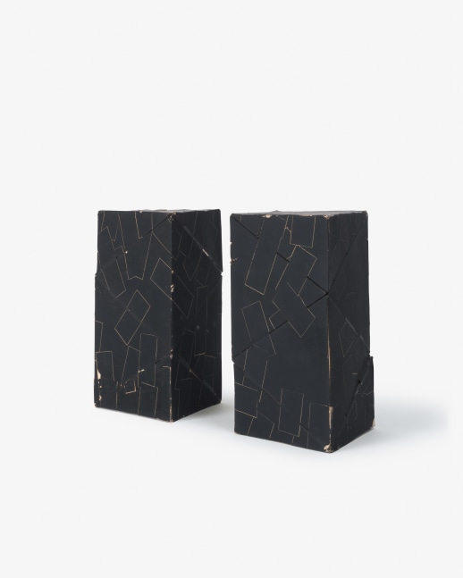Card stock, painted black
2 units, each 6 x 5&amp;nbsp;3&amp;frasl;4&amp;nbsp;x 3&amp;nbsp;3&amp;frasl;4 in.&amp;nbsp;(15.2 &amp;times; 14.6 &amp;times; 9.5 cm)
