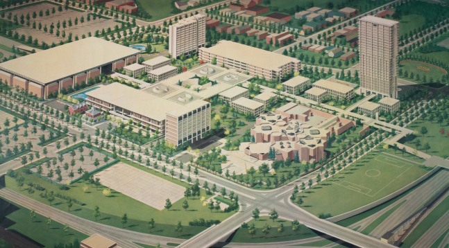 Perspective rendering of Walter Nesch design for University of Illinois, Chicago Circle, ca. 1968