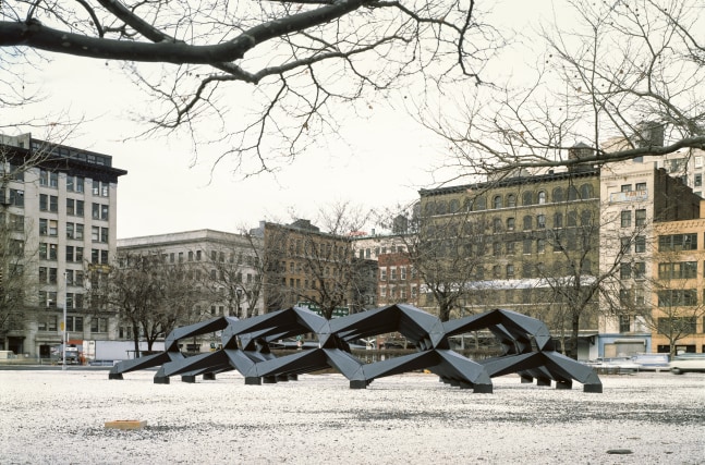 Plywood, painted black
11 &amp;times; 78 &amp;times; 64 ft. (3.35 &amp;times; 23.77 &amp;times; 19.51 m)
Tony Smith: Smug, St. John&amp;#39;s Rotary, Port Authority of New York and New Jersey, 1988