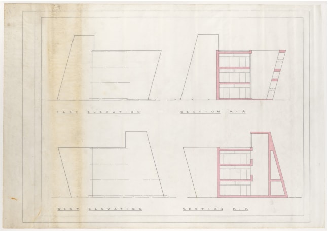 Elevations and sections, colored pencil and graphite on tracing paper
18 &amp;times; 25 5/8 in. (45.7 &amp;times; 65.1 cm)
