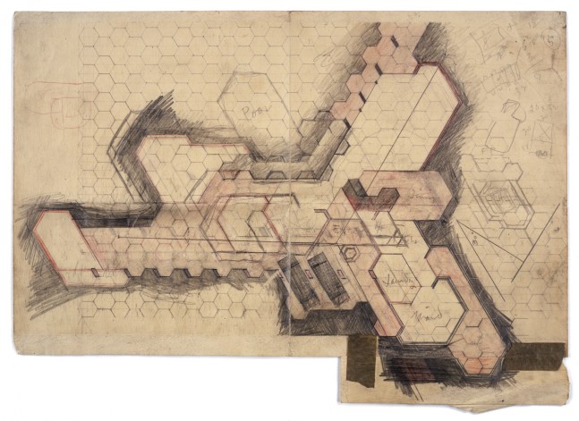 L. L. Brotherton House site plan, ca. 1944
Colored pencil and graphite on paper
14 &amp;times; 19 1/8 in. (35.6 &amp;times; 48.6 cm)