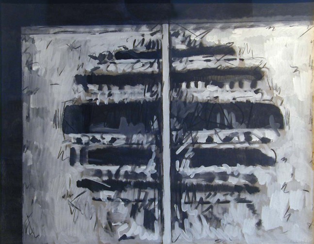 abstract painting of islands bisected by a porch post