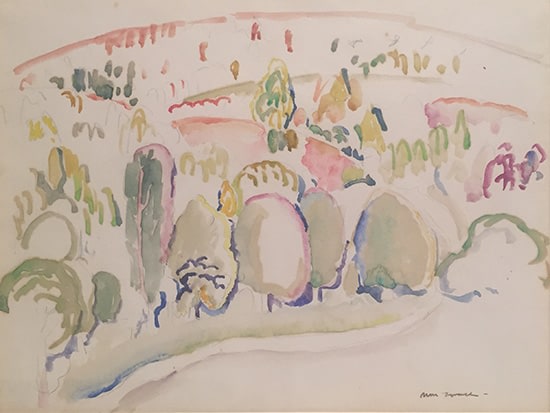 watercolor landscape of Chappaqua New York with lots of puffy clouds in the sky