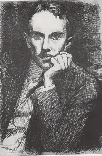 black and white etching of Will Bradner a violinst with his head resting on his head, upper torso