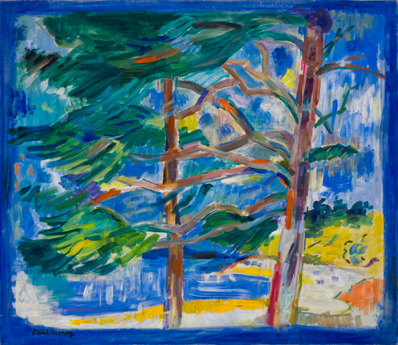 brightly colored landscape looking through trees towards water