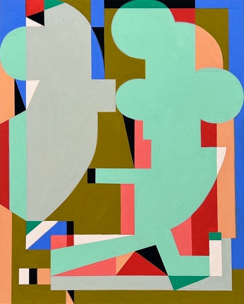 abstracted painting of two figures in bright colors
