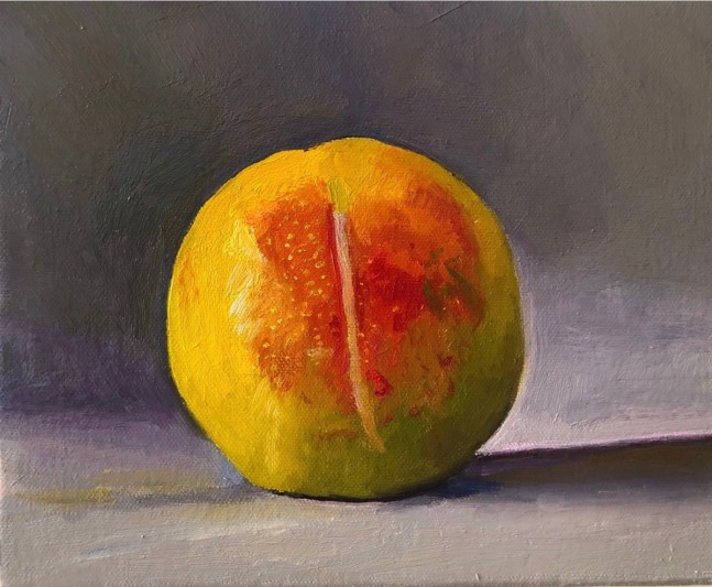 small oil painting of a single yellow plum