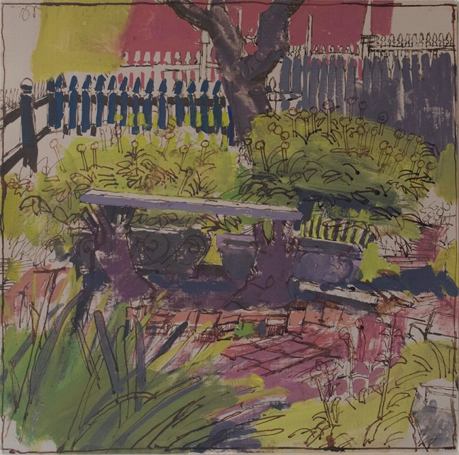 work on paper with color of a bench in a garden with some greenery