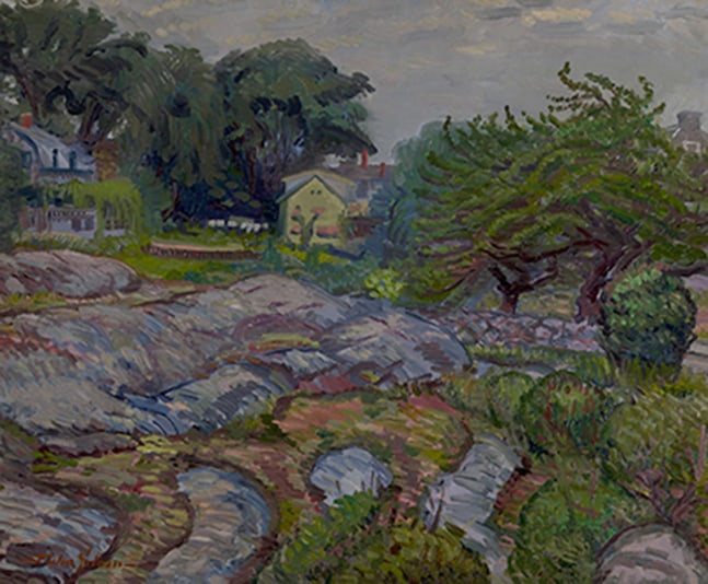 landscape in purple red and blue with apple tree