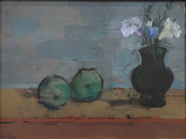 simle still life with two apples and a bunch of petunias in a black vase on a table