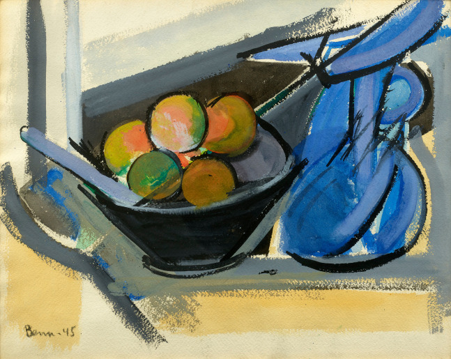 watercolor with cubist forms of fruit on a table