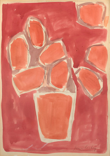 semi abstract still life of flowers in red and ochre