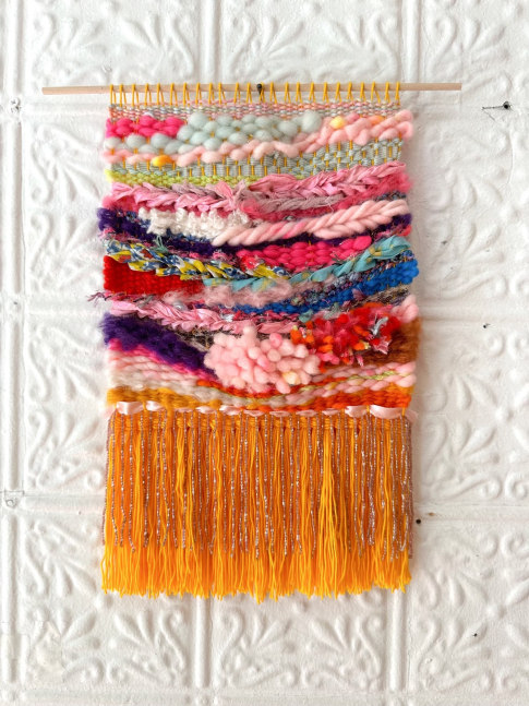 wool and cotton weaving with beaded fringe