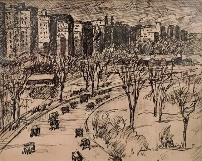 cars driving along the interior park road on the west side of Central Park