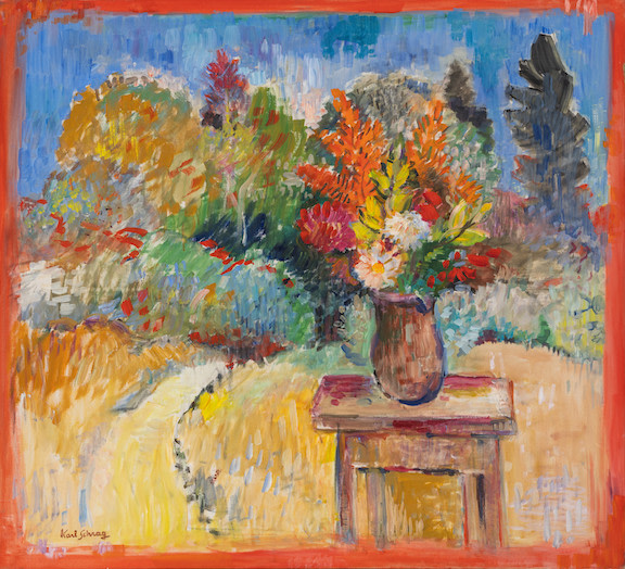 bouquet of flowers on a table in a landscape