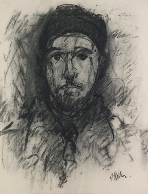 large charcoal drawing of a man's head wearing a cap and his shoulders, looking front