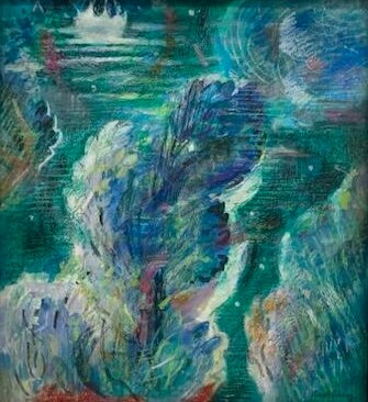 night landscape in greens and blues with trees blowing in the wind and stars sparkling