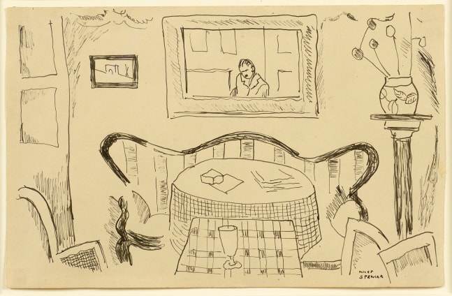 ink drawing of an interior with a self portrait in the mirror