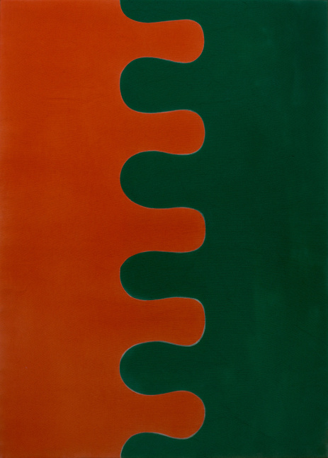 orange and green painting that looks like two puzzle pieces fit together