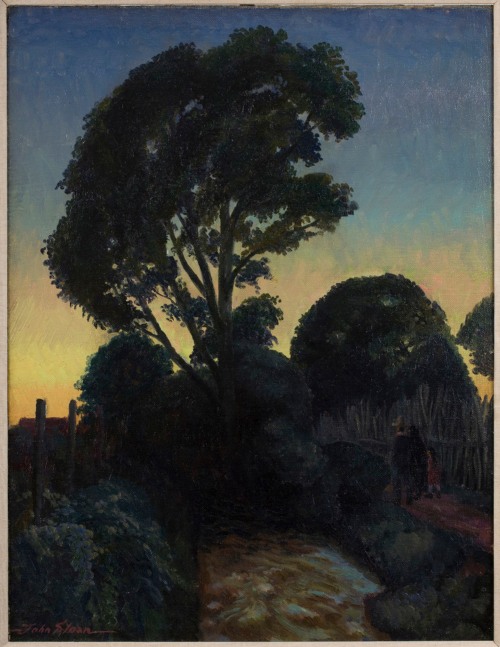 setting sun landscape with a road and trees and faint figures on a bridge